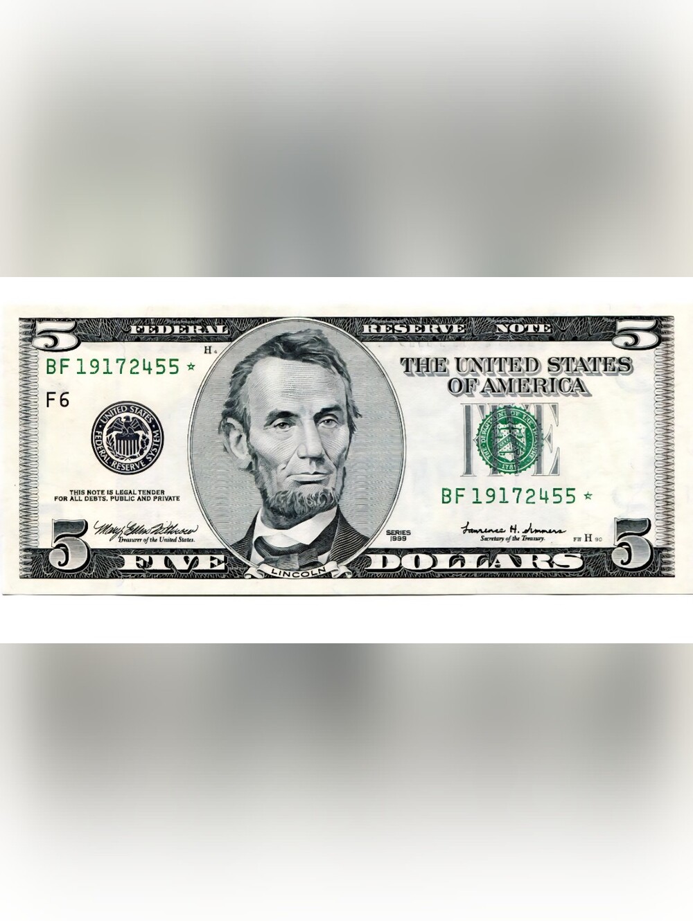 US Five Dollar Bill - Green and Black Currency